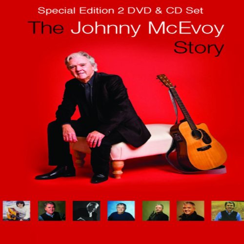 Johnny McEvoy portrait with guitar on red DVD cover.