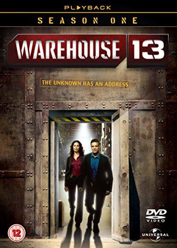 "DVD cover for 'Warehouse 13' Season 1, featuring two people exiting a metal doorway."