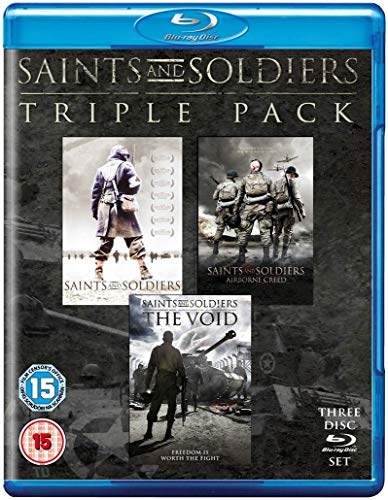 Blu-ray case for "Saints And Soldiers" triple pack with war imagery.