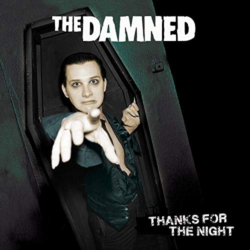 Man in coffin pointing, album cover for The Damnedās āThanks For The Night.ā