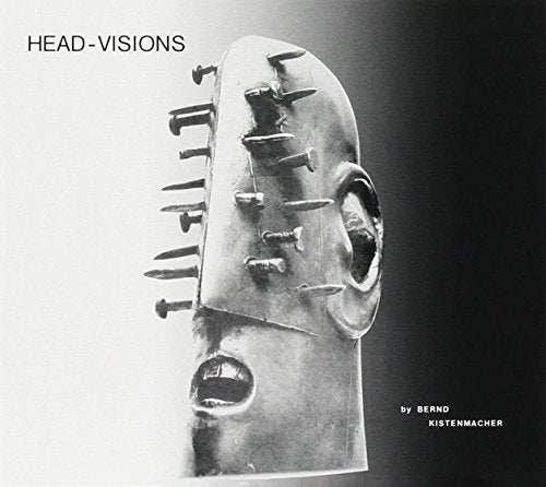 "Album cover with metal mask having nails and screws, on a black and white background."
