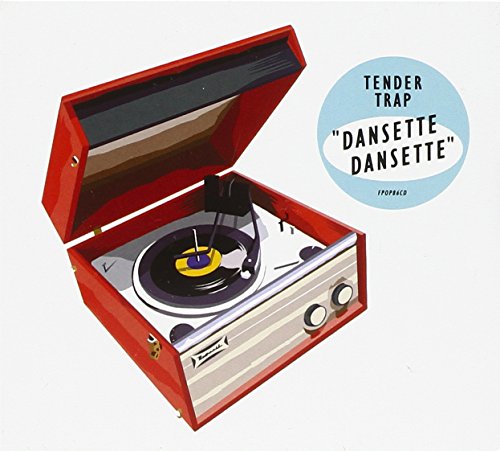 Red record player with a black vinyl record and album cover.