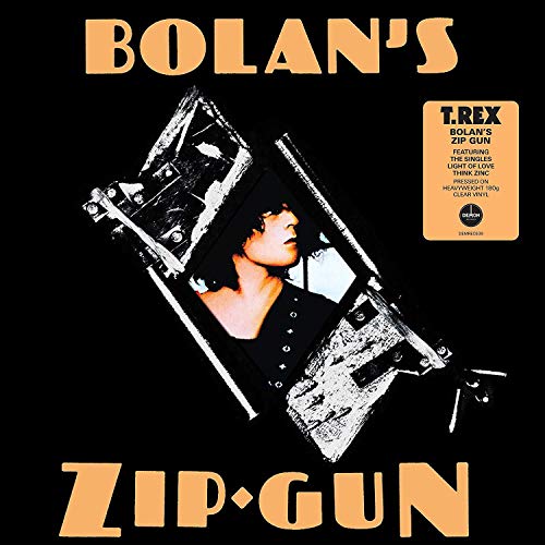 T. Rex “Bolans Zip Gun” vinyl record cover with a man and gun image.