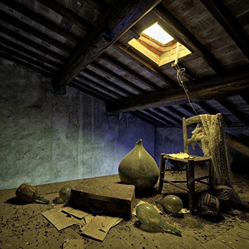 Dark attic scene with a chair, vase, and scattered objects.