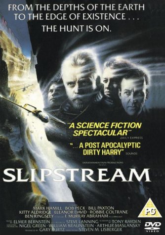 "DVD cover for 'Slipstream' featuring a man holding a gun with a spaceship."