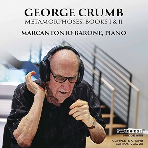 Pianist Marcantonio Barone wearing headphones, album cover for George Crumb’s Metamorphoses.