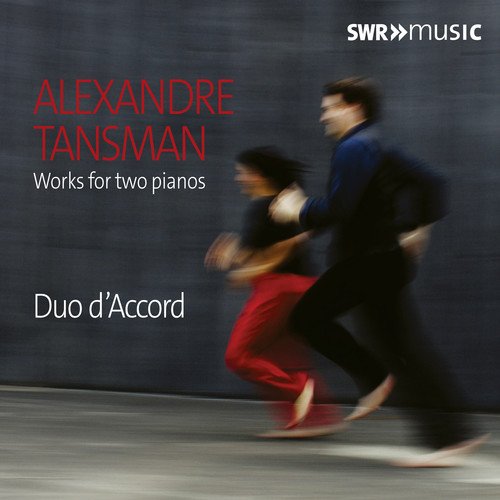 CD cover with two blurred figures running, Alexandre Tansman text in red and white.
