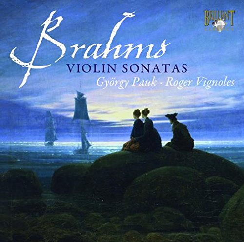Brahms Violin Sonatas CD cover featuring a serene seascape with three figures on rocks.