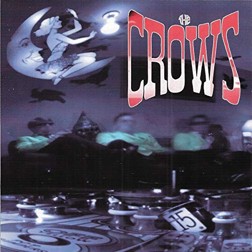 "Album cover: 'The Crows' with surreal illustration and band members at a table."