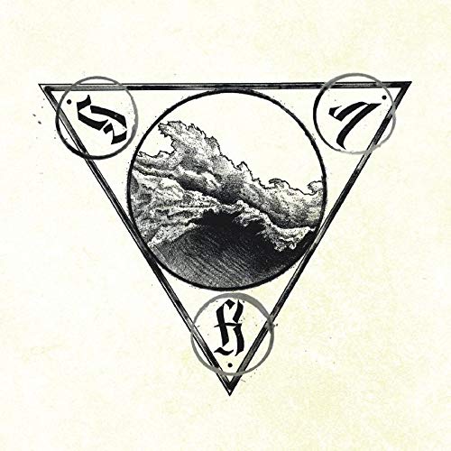 "Black and white triangular album cover with wave illustration and stylized letters."