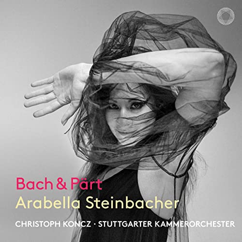 CD cover: violinist Arabella Steinbacher with draped fabric, text "Bach & Part".