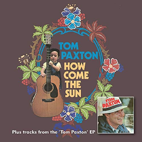 "Album cover with Tom Paxton, a guitar, and floral designs on a brown background."