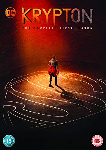 A man stands on a glowing Superman shield logo on the Krypton DVD cover.