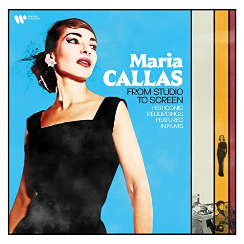 Maria Callas vinyl record cover with portrait and film stills.