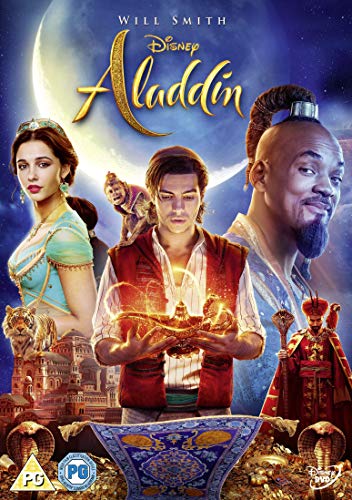 Aladdin live action DVD cover featuring a golden magic lamp on a dark background.