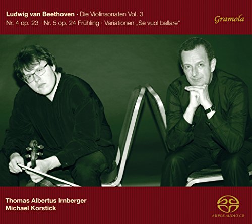 Red CD cover with two men and a cello, featuring Beethoven's violin sonatas.