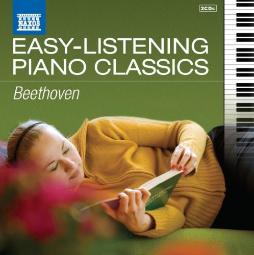 "CD cover with a woman reading, piano keys, and 'Beethoven' on a green background."