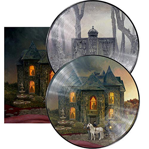 "Two picture discs with a gothic mansion, overlapping a vinyl album cover."