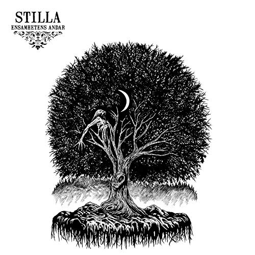 "Black and white illustration of a person in a tree under a crescent moon."