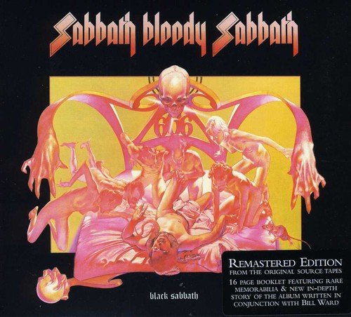 "Album cover art for 'Sabbath Bloody Sabbath' by Black Sabbath, featuring a surreal, red-toned illustration."