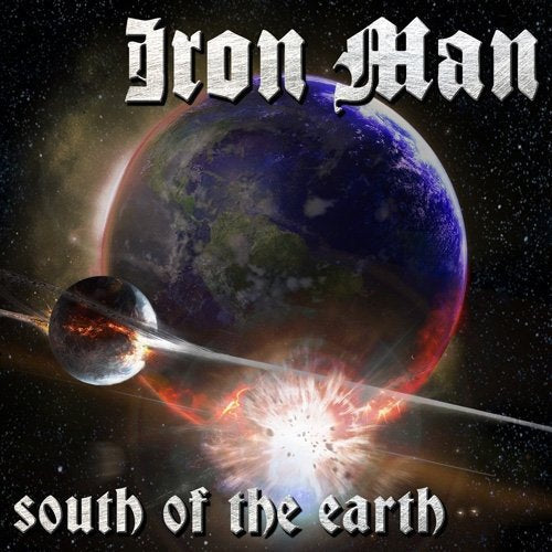 Iron Man album cover: Earth with fiery explosion, dark space background.