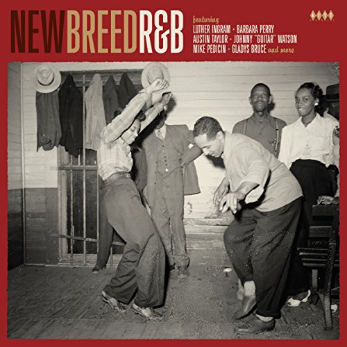 "Vinyl record cover with black-and-white dancing image and red border, featuring 'New Breed R&B' title."
