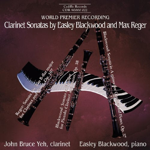 "CD cover featuring four clarinets and a piano keyboard on a maroon background."