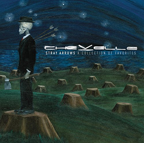 Skeleton in suit with arrows, standing among tree stumps under night sky.