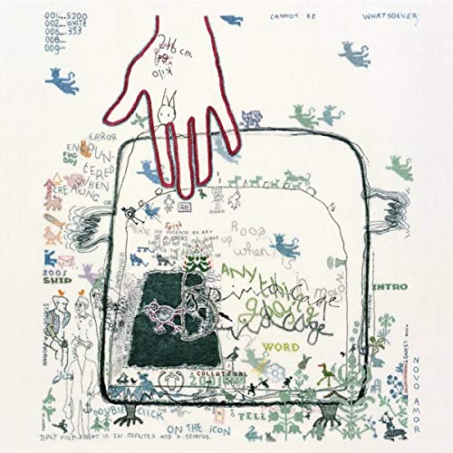 "Album cover with hand-drawn artwork, featuring a hand and abstract designs on a white background."