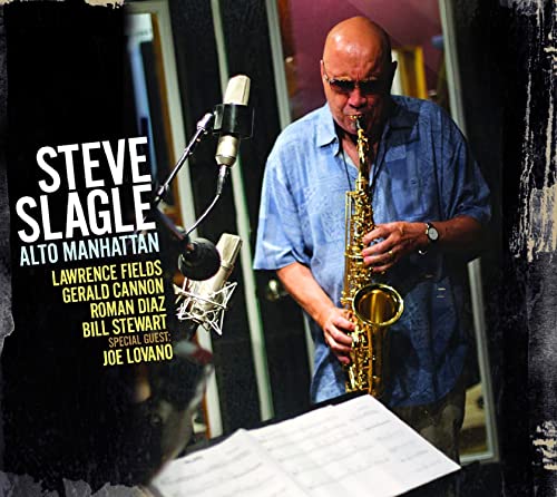 Jazz musician Steve Slagle playing the alto saxophone in a recording studio.