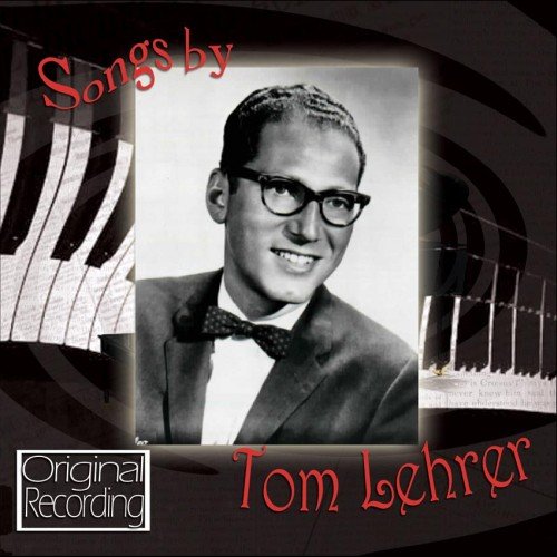 "CD cover with black-and-white photo of Tom Lehrer, piano keys, and red text."