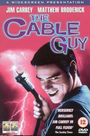 DVD cover for The Cable Guy featuring Jim Carrey holding a cable against lightning.