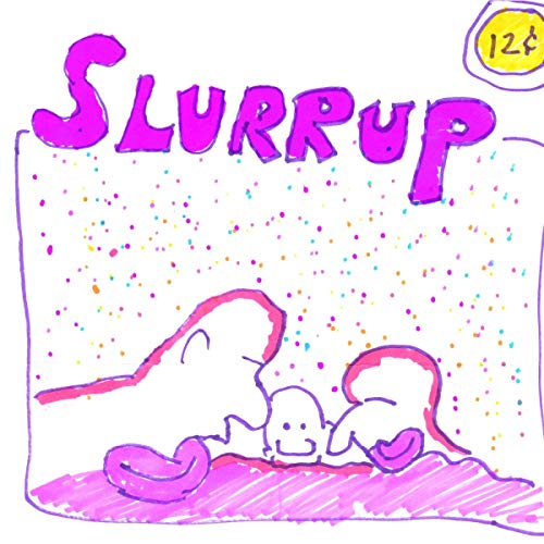"Hand-drawn illustration of three pink creatures on a pink surface with confetti."