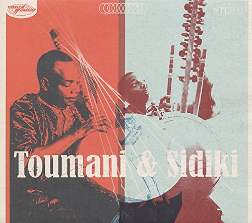 "Album cover with two men playing stringed instruments, red and blue background."