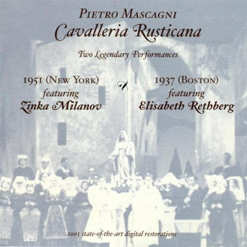 CD cover for Mascagni’s “Cavalleria Rusticana” featuring singers Milanov and Rethberg.