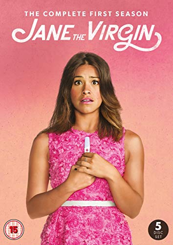 "Jane the Virgin Season 1 DVD cover featuring a woman in a pink dress holding a pregnancy test."
