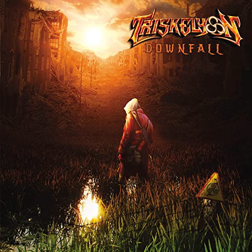 Album cover: ruined cityscape, lone figure, Triskelyon band logo, fiery sunset.