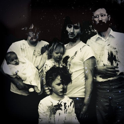 "Album cover: five men with blood-stained shirts, varied expressions, against a dark background."
