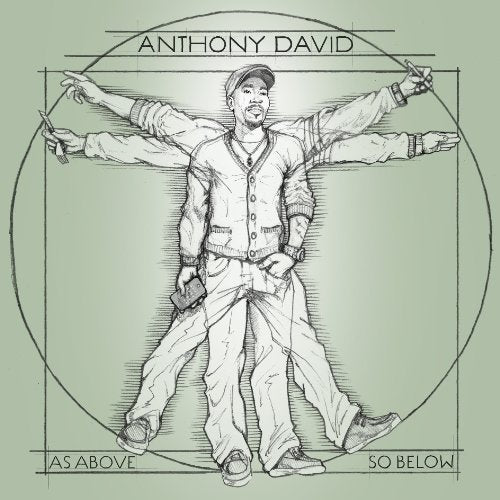 "Album cover with a man in a circle, inspired by Leonardo da Vinci's Vitruvian Man."