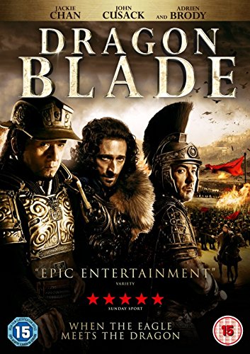 "Image shows the DVD cover for 'Dragon Blade' featuring three armored warriors."