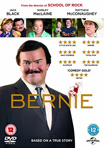 DVD cover for "Bernie" featuring Jack Black in character, with cast above.