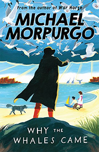 "Book cover featuring a man on a cliff with seagulls and children on a beach below."
