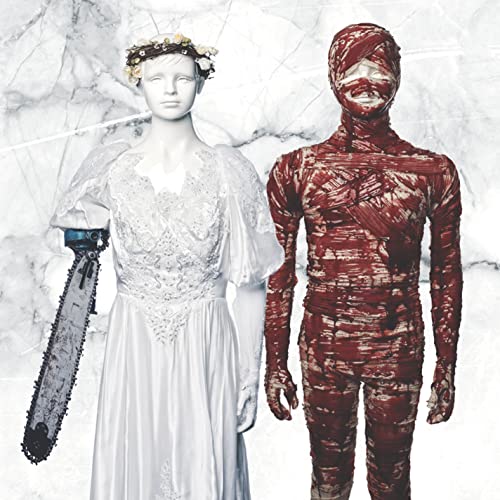 Two figures, one in a wedding dress, one bandaged and bloodied, stand together.