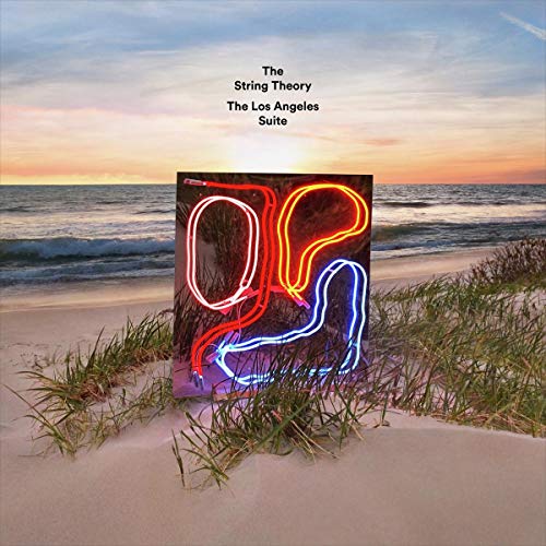 Vinyl album cover with neon design on a sandy beach at sunset.