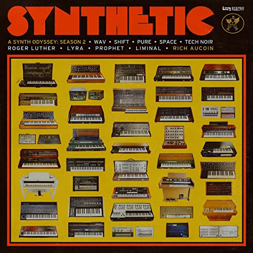 Album cover with large orange text reading SYNTHETIC above a grid of vintage synthesizers.