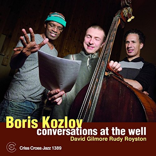 Three musicians with a double bass, sheet music, and album title text.
