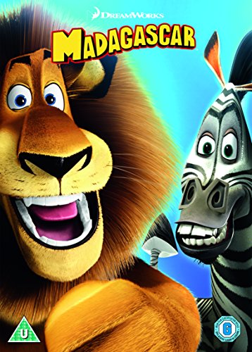 "Madagascar DVD cover featuring a lion and zebra against a blue background."