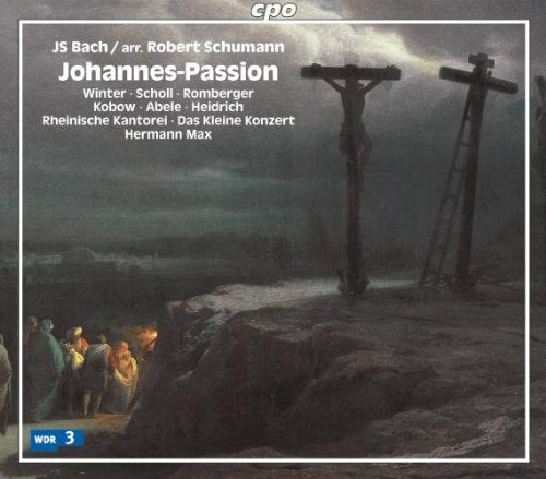 "CD cover with crucifixion scene and white text, featuring 'Johannes-Passion' and artist names."