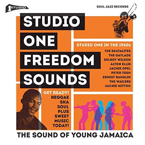 Album cover for “Studio One Freedom Sounds” with musicians and bold text.