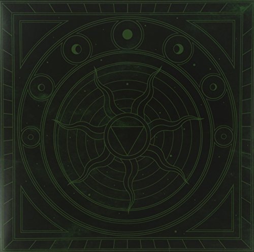 A black vinyl record cover with a green, celestial, symbolic design.